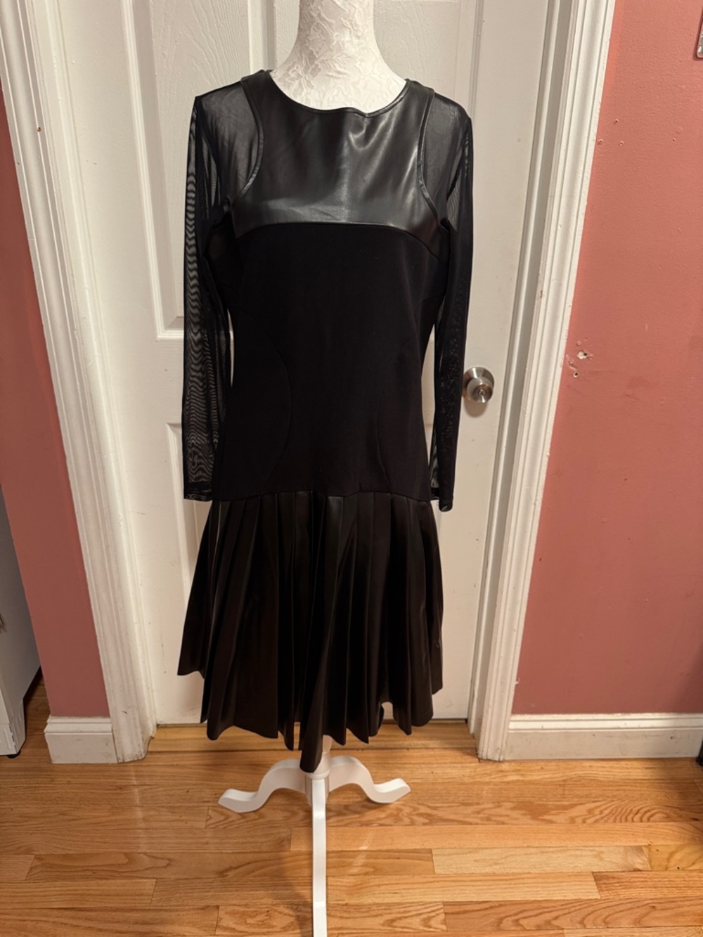 Karen Millen Black Long-Sleeve Faux-Leather Panel Pleated Dress